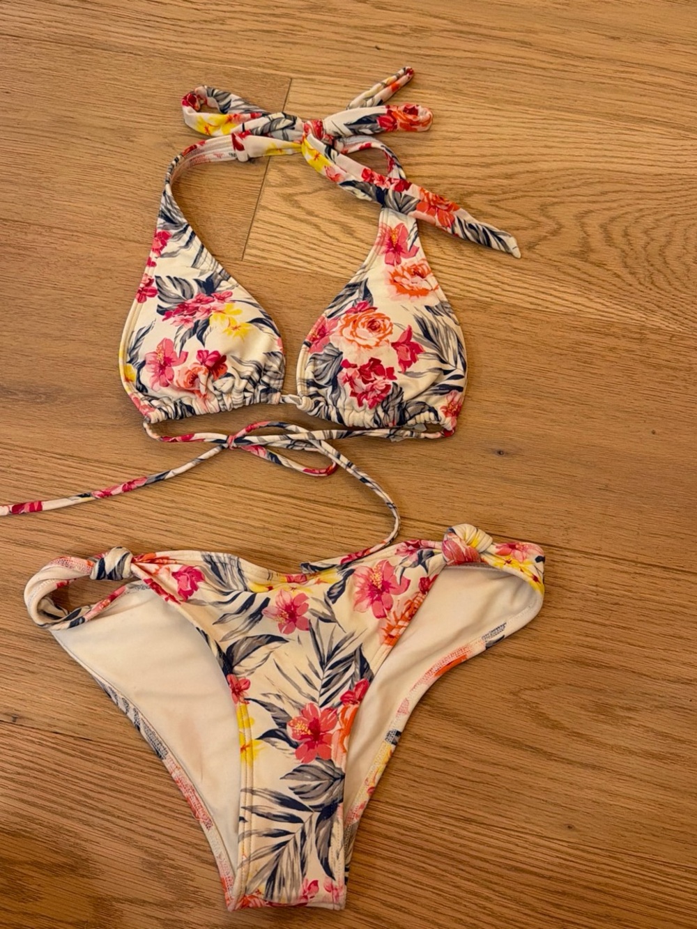 Floral Tie-Back Triangle Bikini Set - Cream with Pink & Yellow Flowers